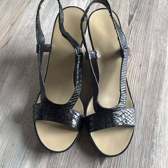 Nine West Black Leather Staple  Cork Bottom Wedges Size 10 - Picture 5 of 11